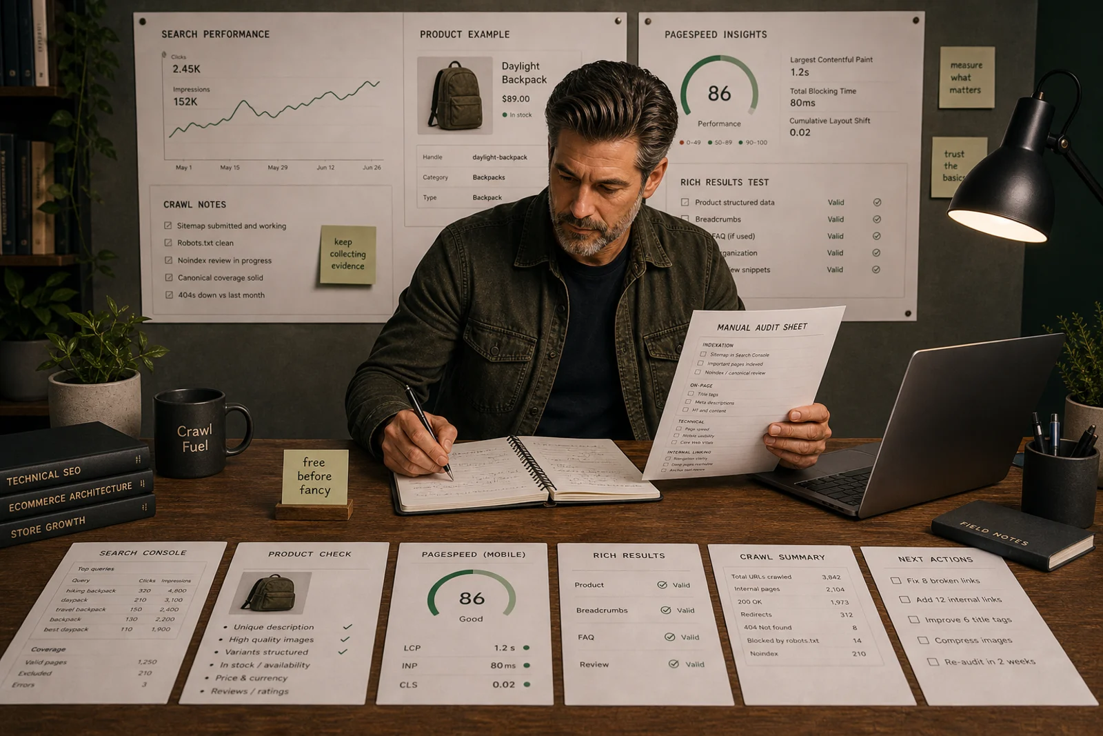 Free Shopify SEO tools desk with Search Console style charts, Shopify admin cards and structured data checks.
