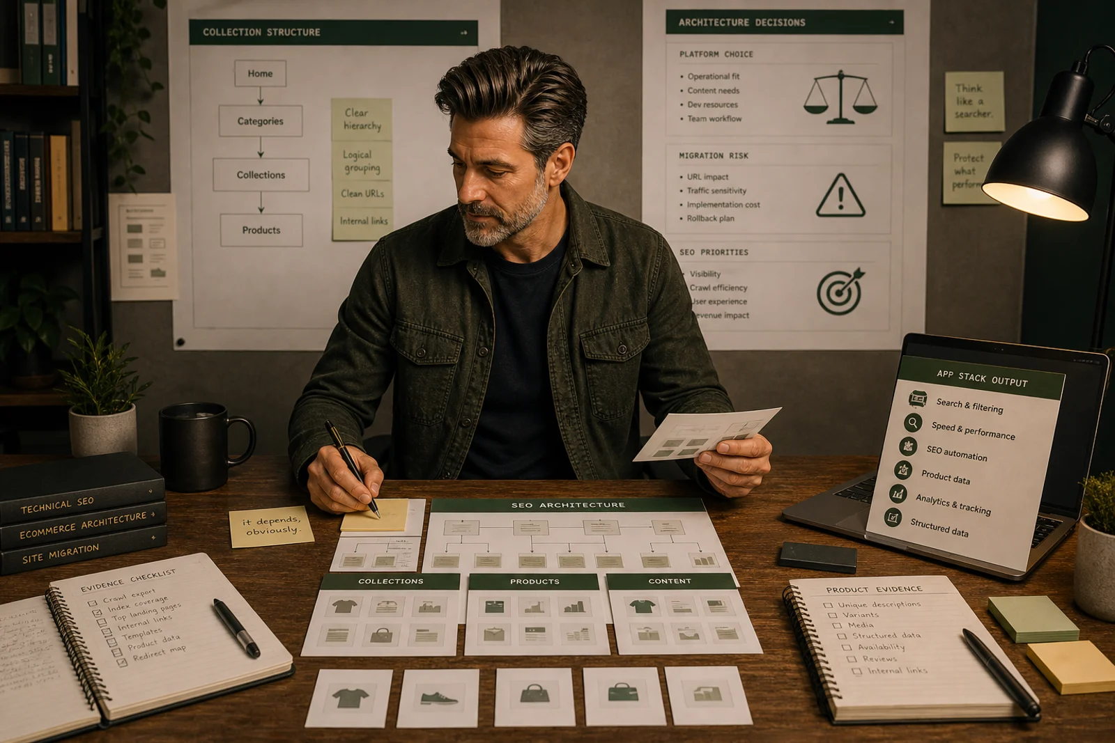 Ecommerce SEO consultant reviewing Shopify architecture, product evidence, app stack cards and collection boards.