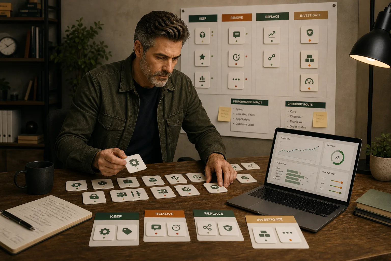 Shopify SEO app bloat examples desk with duplicate schema, scripts, image tools and reporting layers.