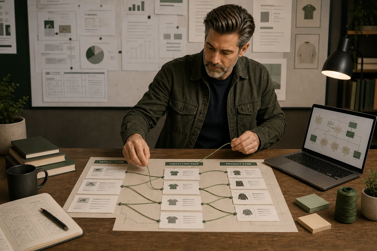 Shopify content-to-collection internal linking map with guide, collection and product cards connected by routes.