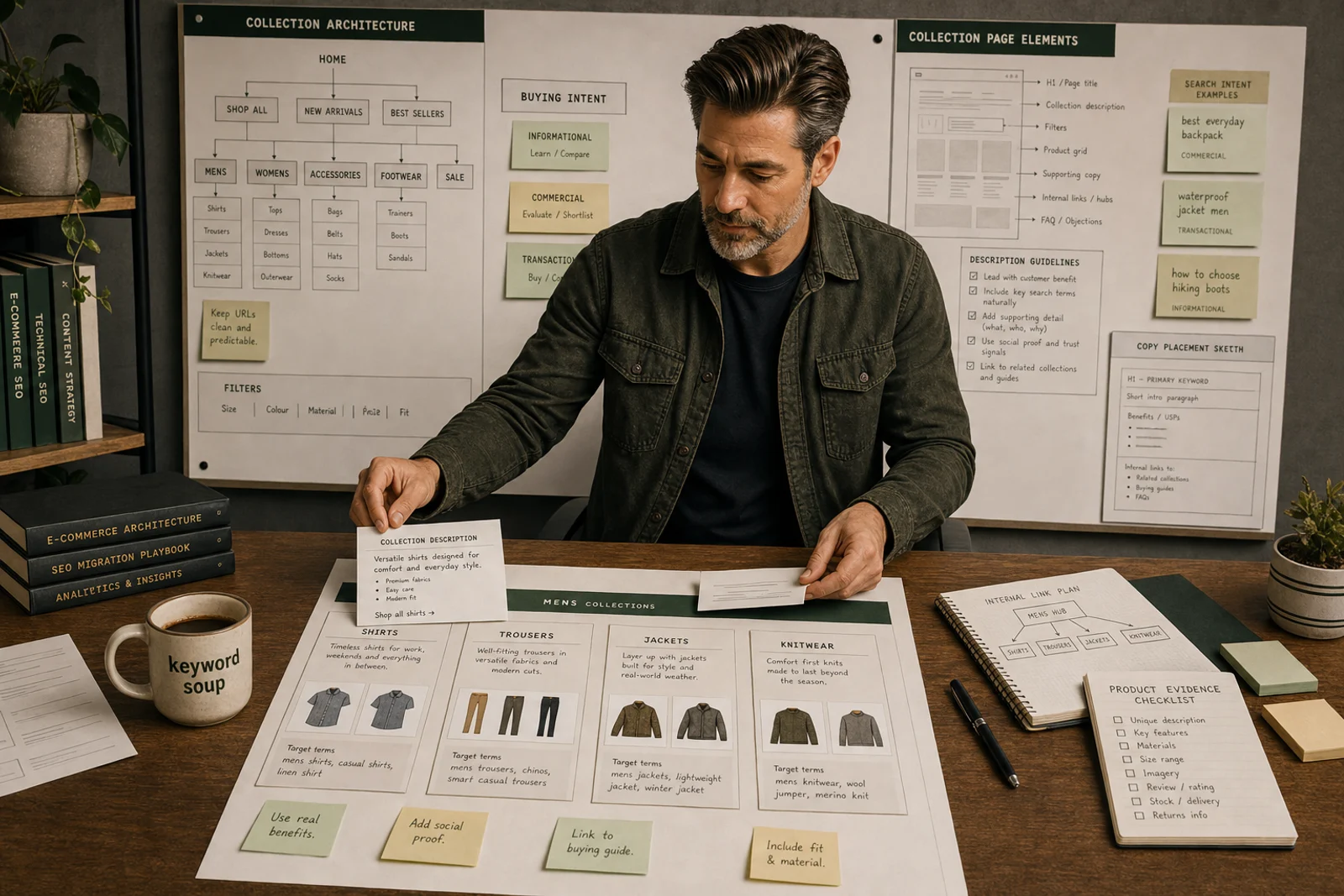 Consultant mapping Shopify collection descriptions against product groups, filters and search intent notes.