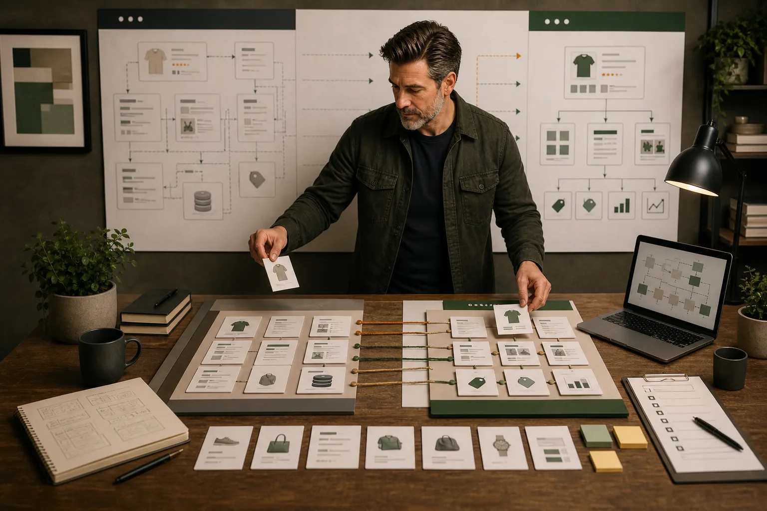 Shopify collection architecture desk with product cards, filter routes and non-brand search planning notes.