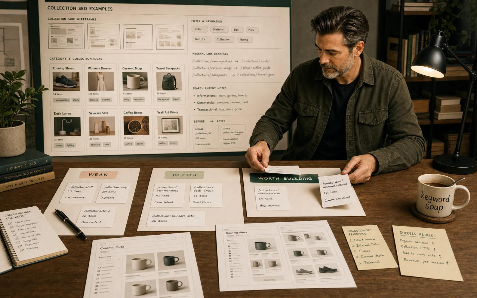 Shopify collection SEO grader desk with category cards and product evidence notes.