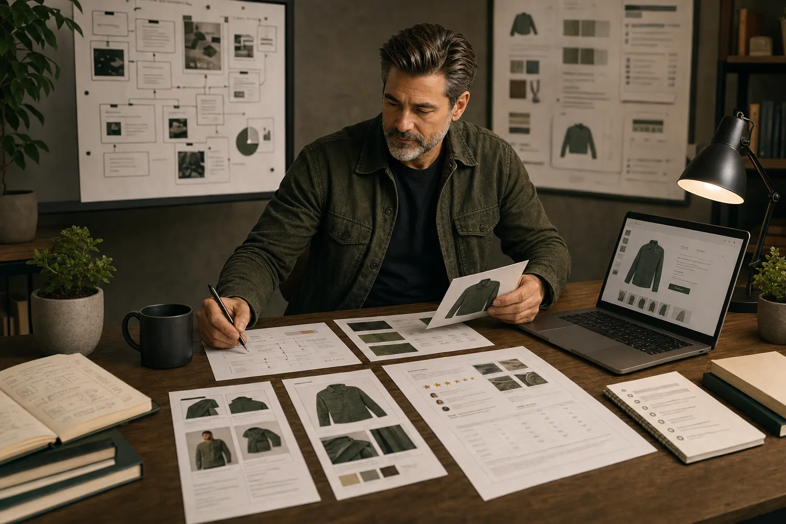 Shopify product evidence checklist desk with specs, reviews, variants, shipping and returns cards.