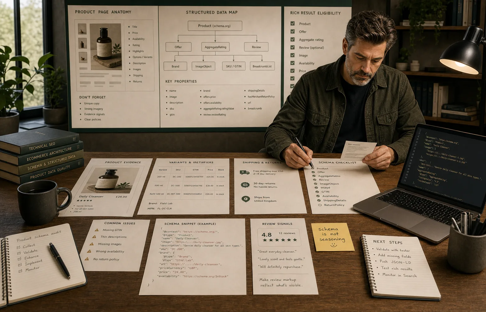 Shopify product schema audit desk with product evidence, structured data, reviews, shipping and returns checks.