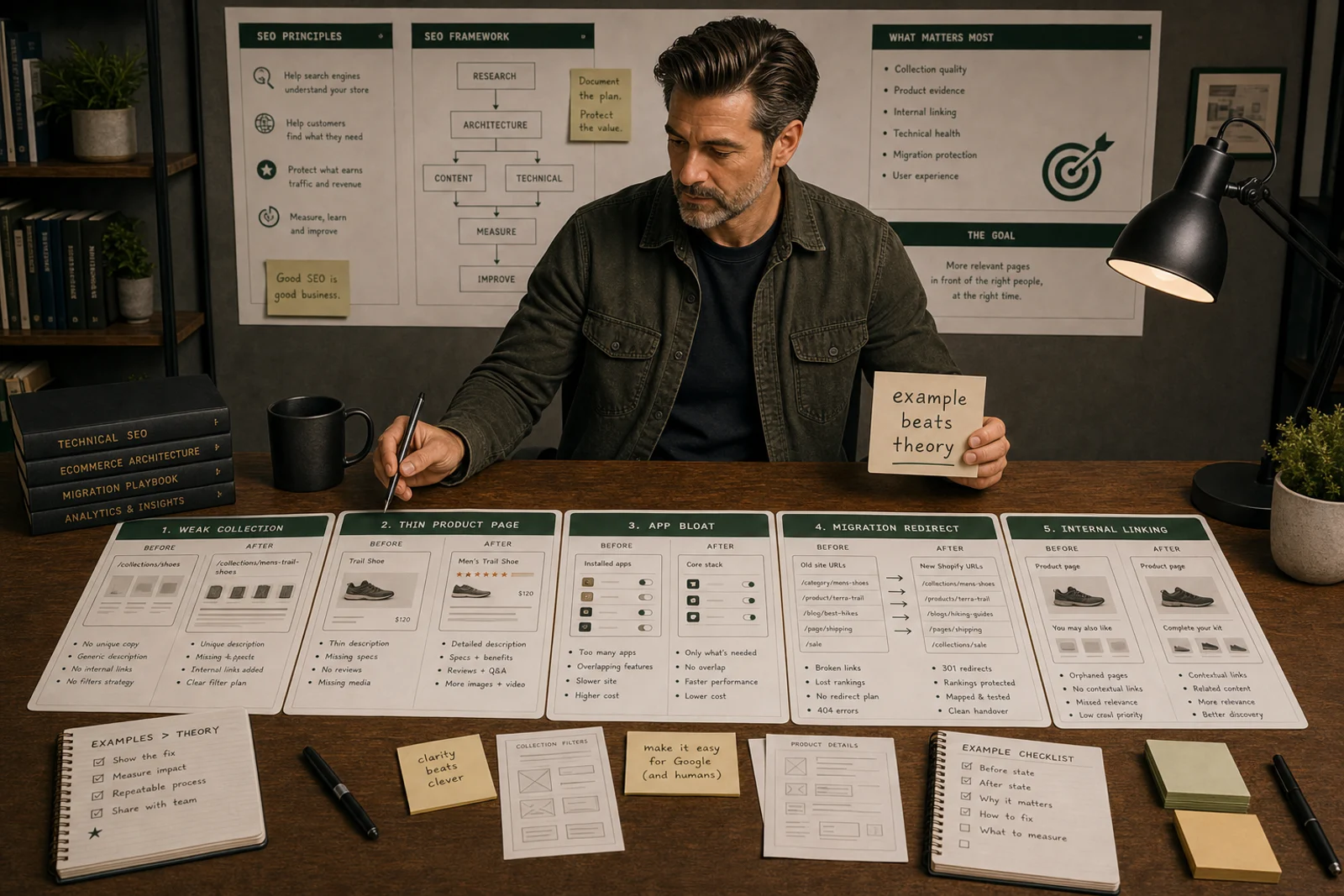Shopify SEO examples desk with before and after cards for collections, products, redirects, app bloat and internal links.