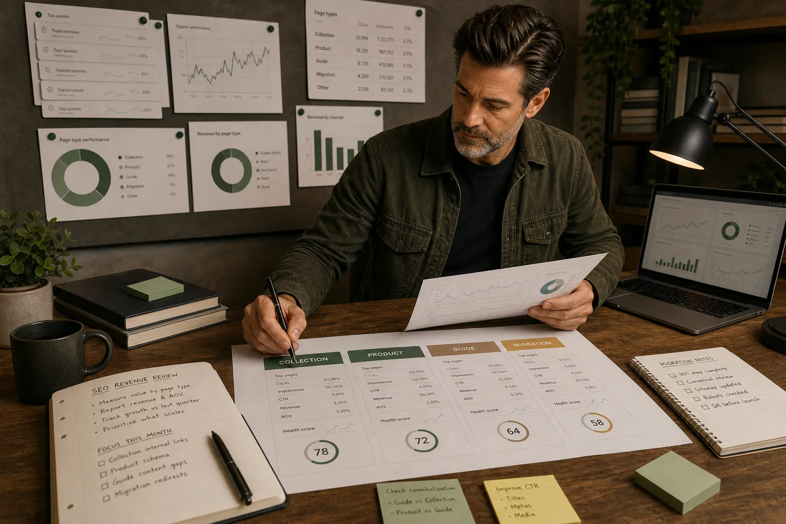 Shopify SEO revenue reporting desk with page-type scorecards for collections, products, guides and migrations.