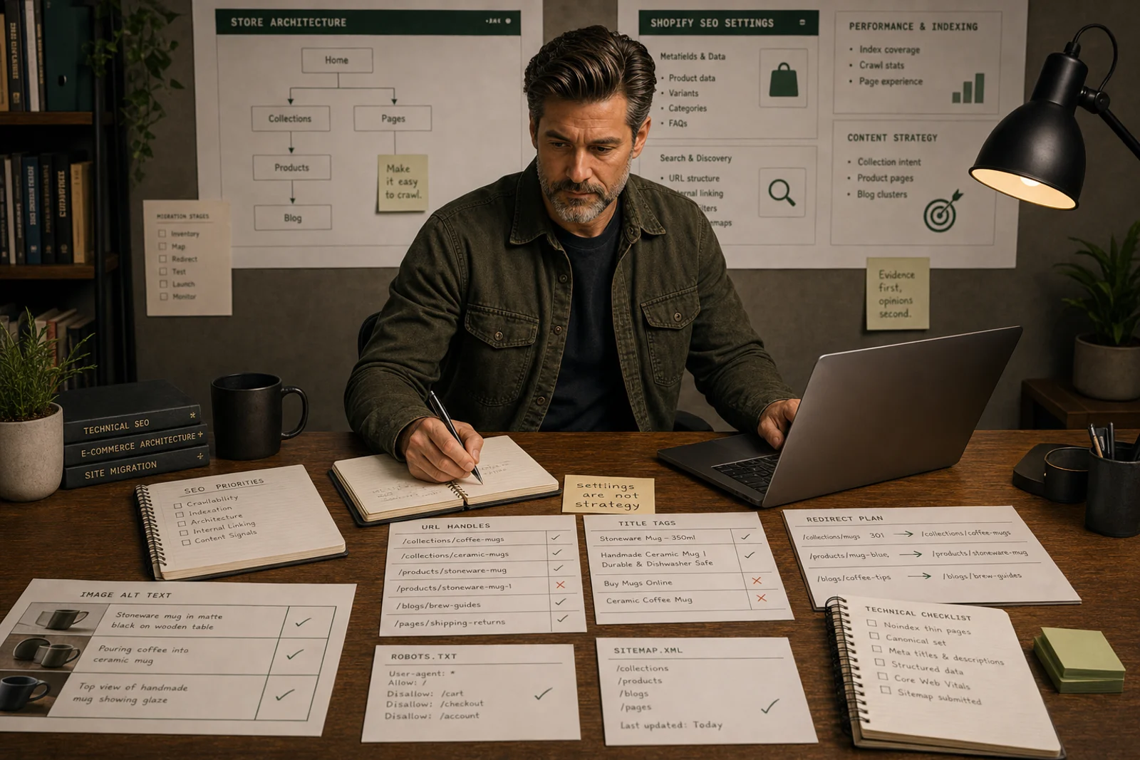 Shopify SEO settings workspace with URL handles, title tags, redirects, alt text and sitemap notes.
