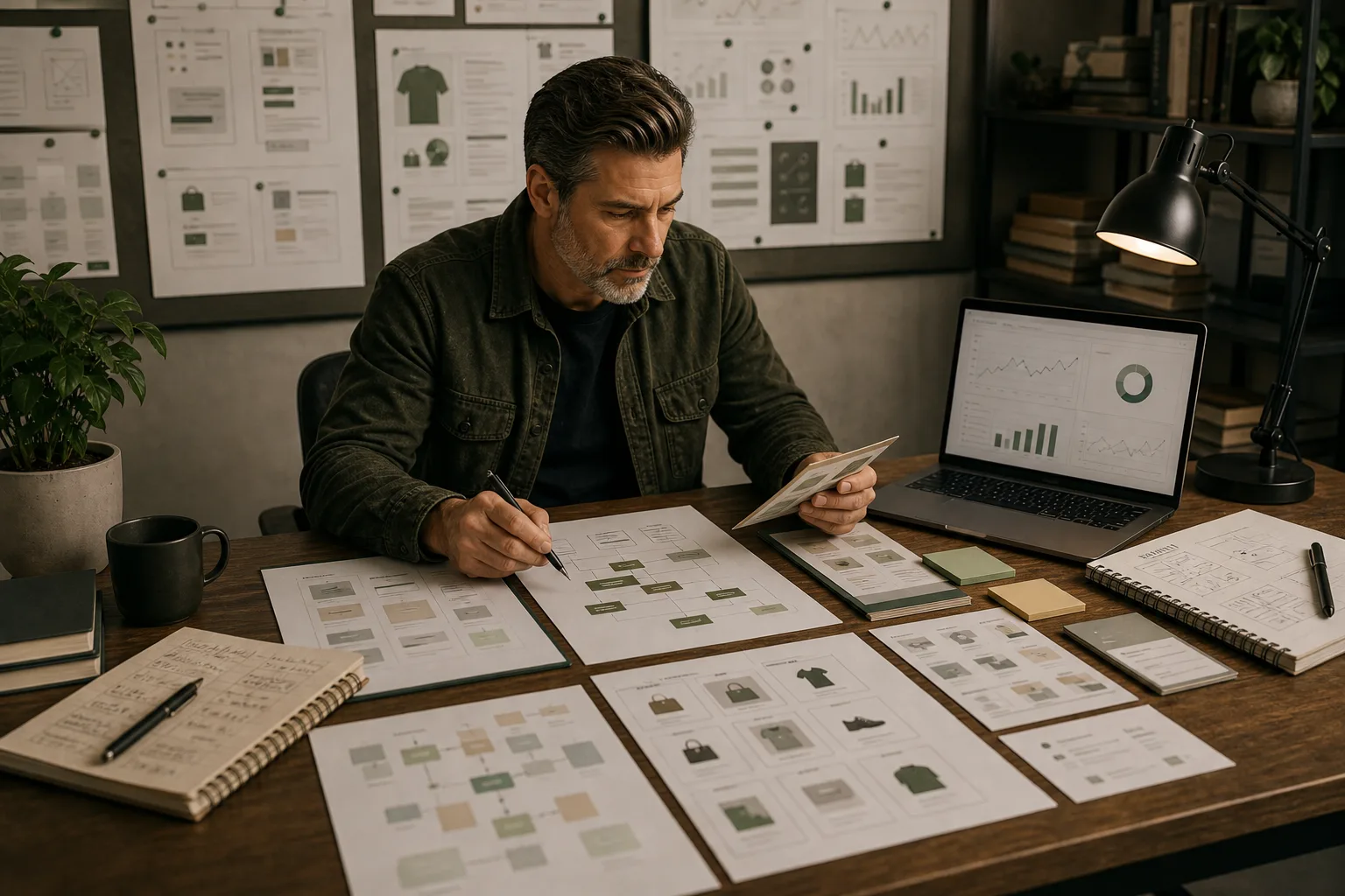 Shopify SEO strategy desk with trend boards, product cards, AI search notes and collection architecture maps.