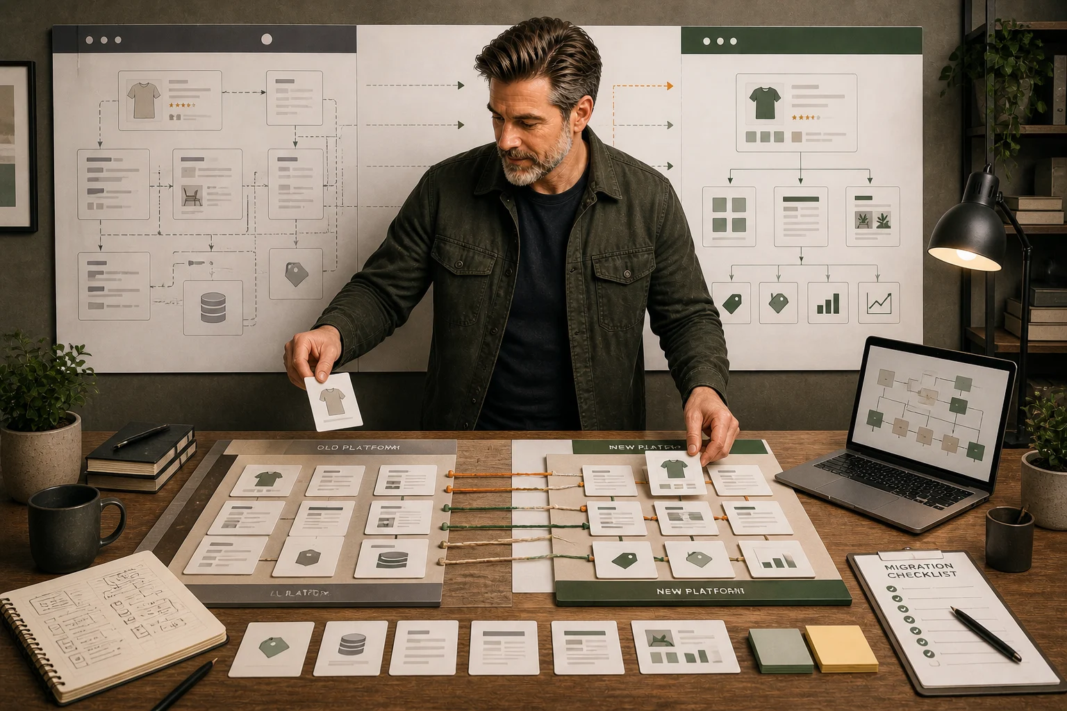 Storefront Field Guide migration workbench with ecommerce page maps and product cards.
